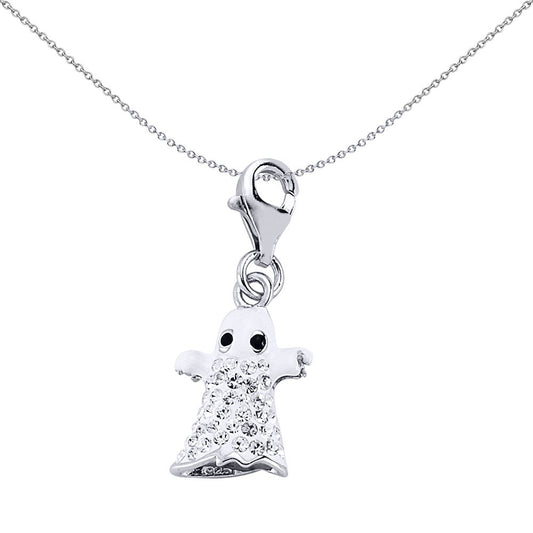 Sterling Silver  Black White Enamel Crystal Boo Ghost Charm - CM143