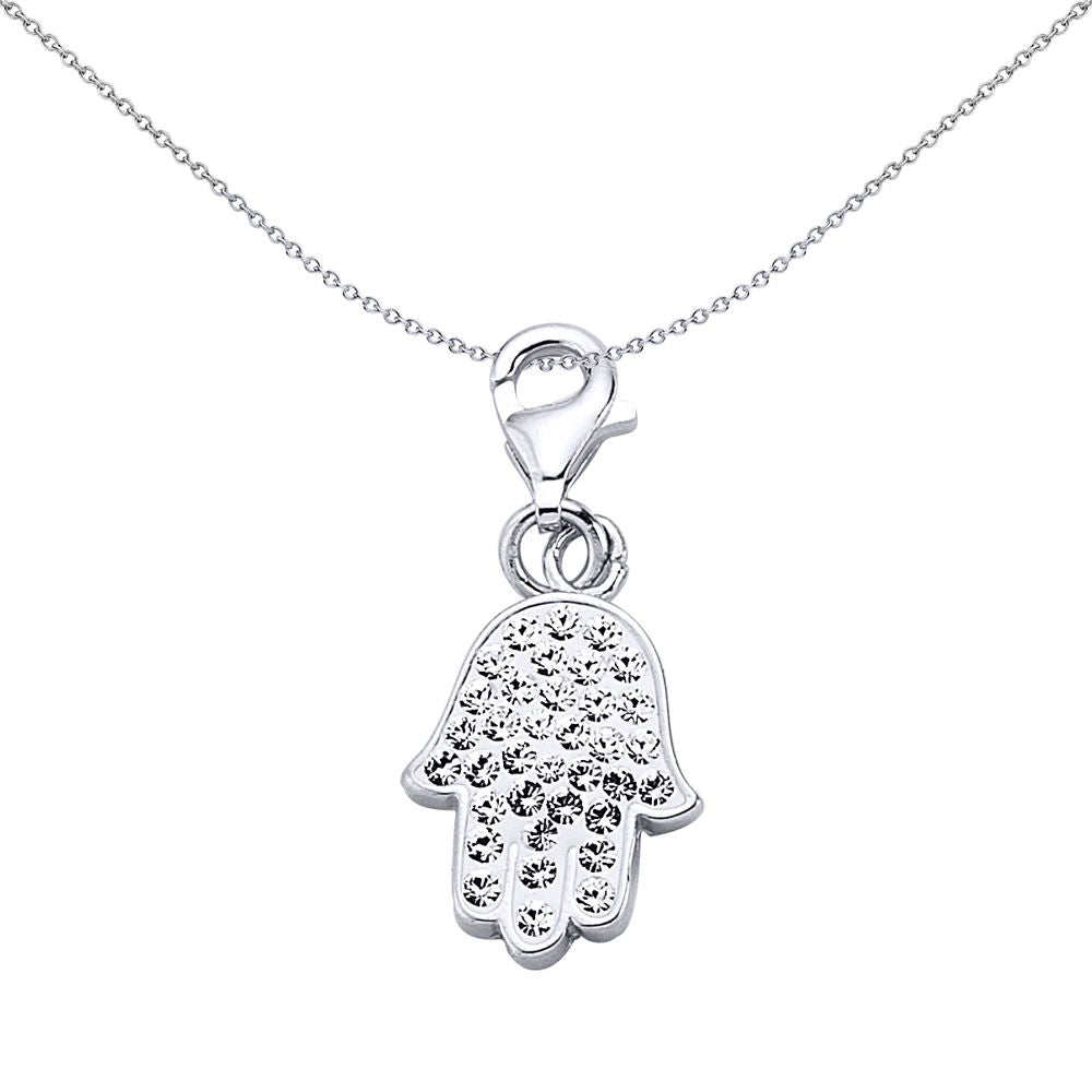Sterling Silver  White Crystal Hamsa Hand 5 Charm Pendant - CM148