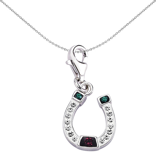 Sterling Silver  Green Purple Crystal Lucky Horseshoe Link Charm - CM149