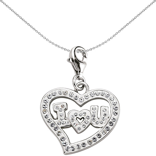 Sterling Silver  White Crystal I Love U Heart Link Charm - CM152