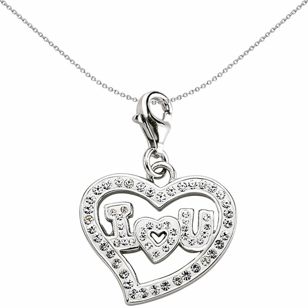 Sterling Silver  White Crystal I Love U Heart Link Charm - CM152