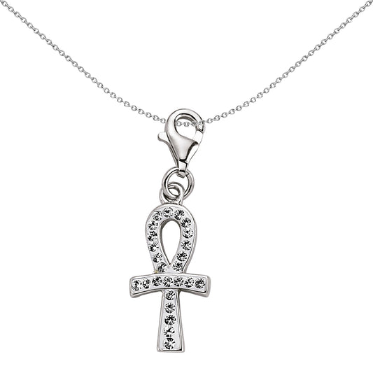 Sterling Silver  White Crystal Ankh Cross Link Charm - CM154