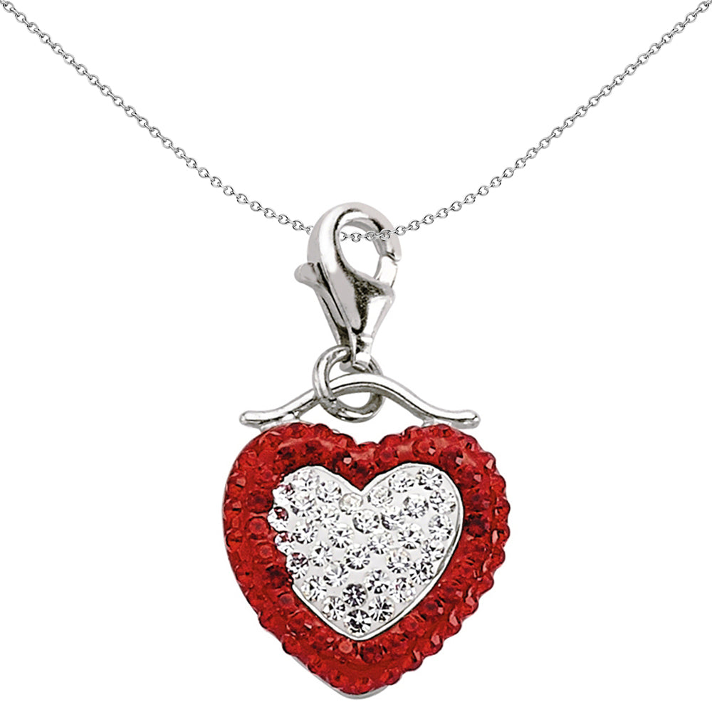 Sterling Silver  Red White Crystal Double-sided Love Heart Charm - CM160