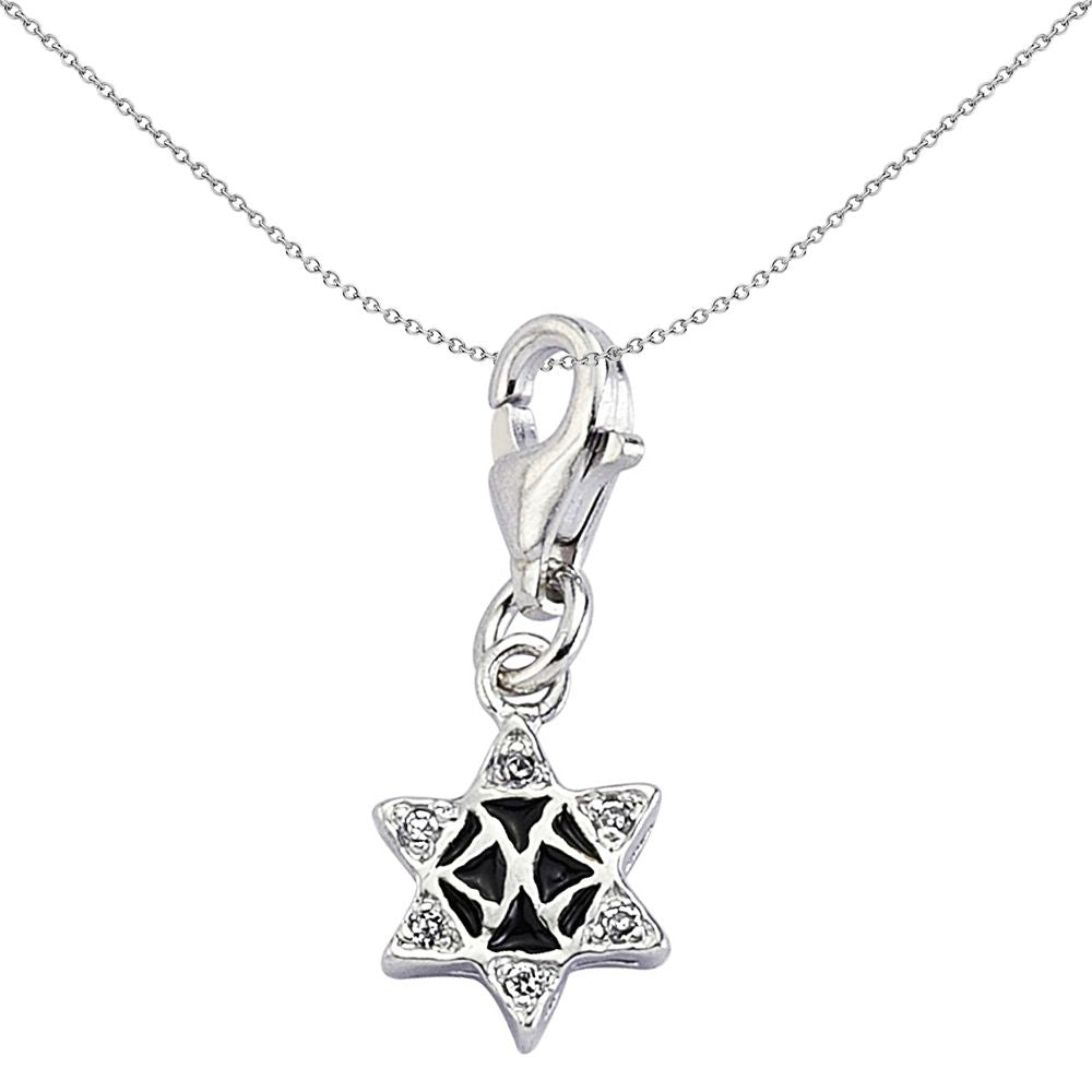 Sterling Silver  Crystal Black Enamel Magen David Star Charm - CM161