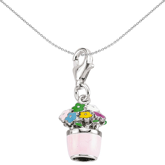 Sterling Silver  Pink Enamel Flower Pot Bouquet Link Charm - CM166