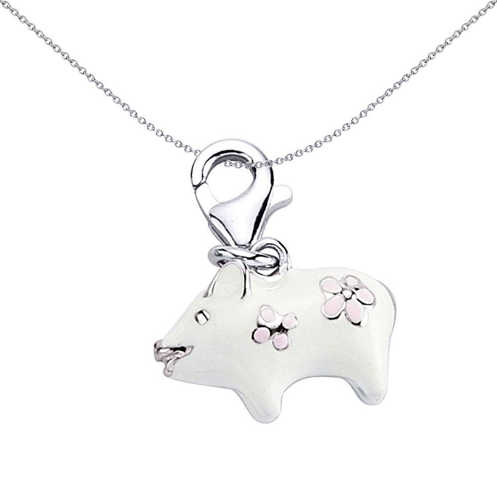 Sterling Silver  Enamel Pink White Daisy Piglet Charm Pendant - CM174