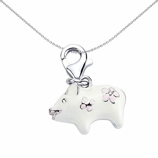 Sterling Silver  Enamel Pink White Daisy Piglet Charm Pendant - CM174