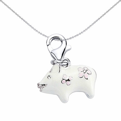 Sterling Silver  Enamel Pink White Daisy Piglet Charm Pendant - CM174