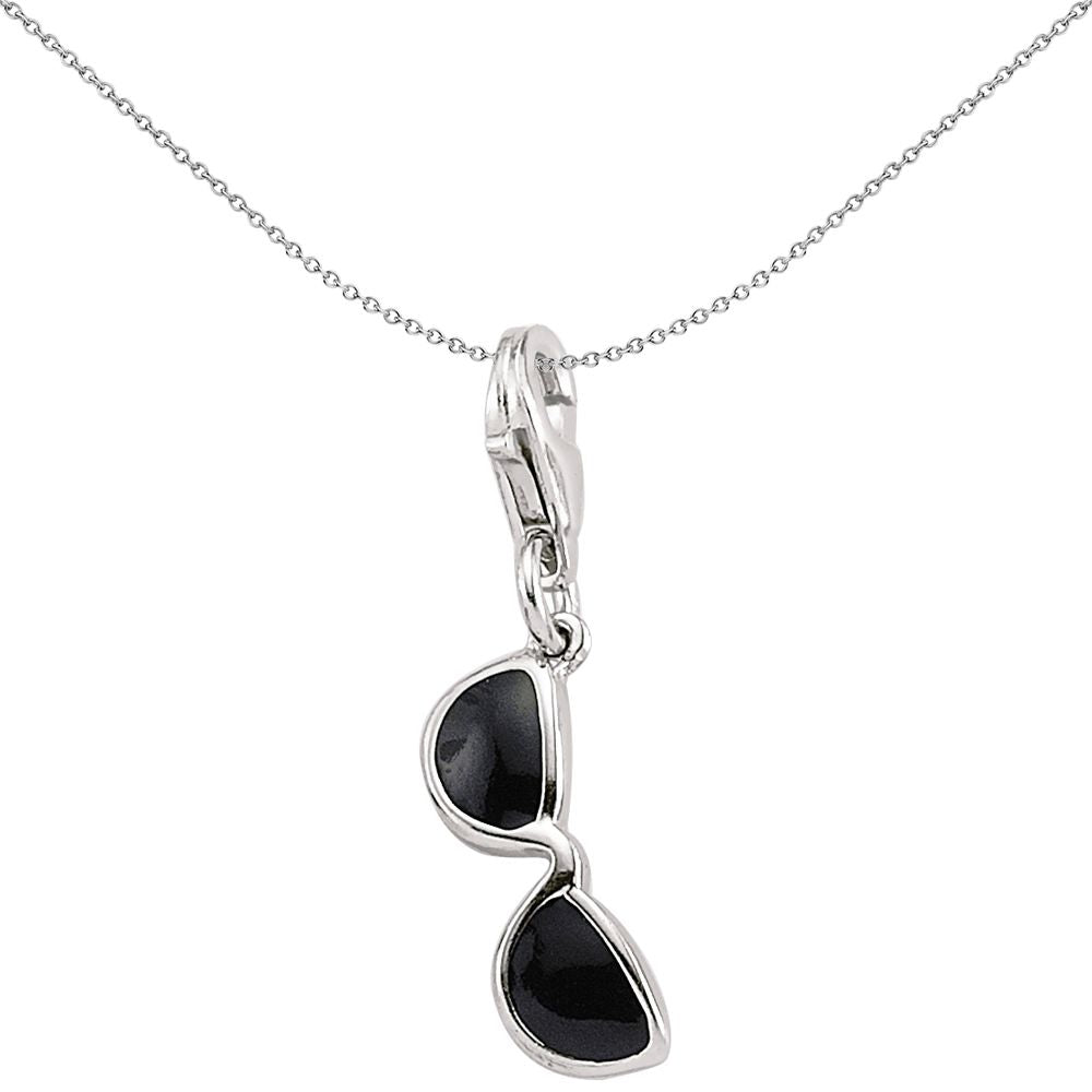 Sterling Silver  Black Enamel Cool Shady Sun Glasses Link Charm - CM177