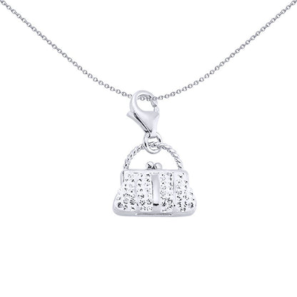 Sterling Silver  White Crystal Rope Handle Handbag Purse Charm - CM178