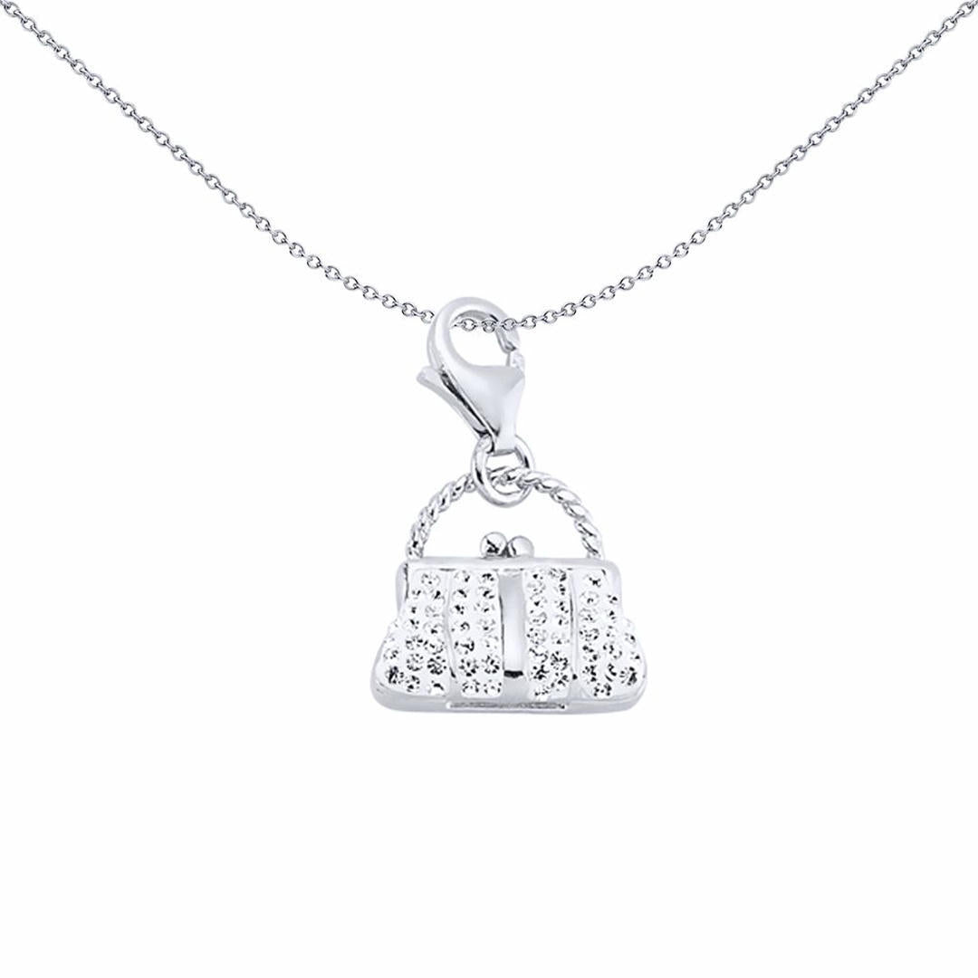 Sterling Silver  White Crystal Rope Handle Handbag Purse Charm - CM178
