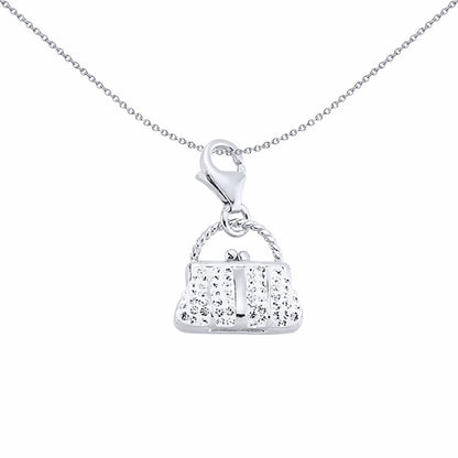 Sterling Silver  White Crystal Rope Handle Handbag Purse Charm - CM178