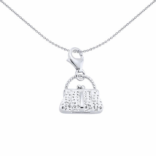 Sterling Silver  White Crystal Rope Handle Handbag Purse Charm - CM178