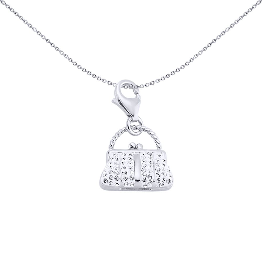 Sterling Silver  White Crystal Rope Handle Handbag Purse Charm - CM178