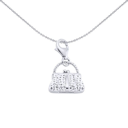 Sterling Silver  White Crystal Rope Handle Handbag Purse Charm - CM178