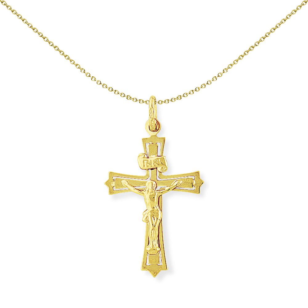 9ct Gold  Crucifix INRI Jesus Cross Charm Pendant - 22mm x 40mm - CRNR02009