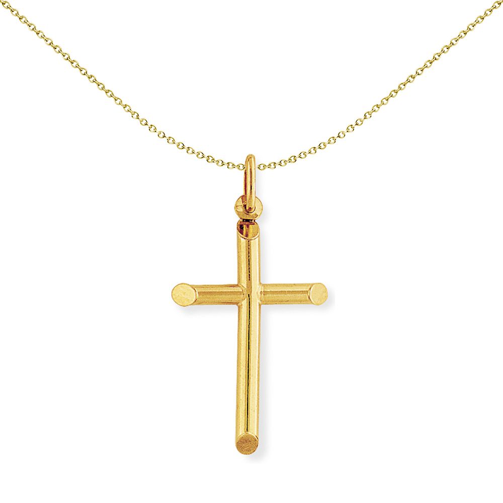 9ct Gold  Round Tube Bevelled Cross Charm Pendant 22x41mm - CRNR02011