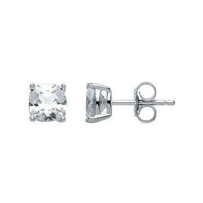 Silver  Cushion CZ Double Gallery Solitaire Stud Earrings - CU6
