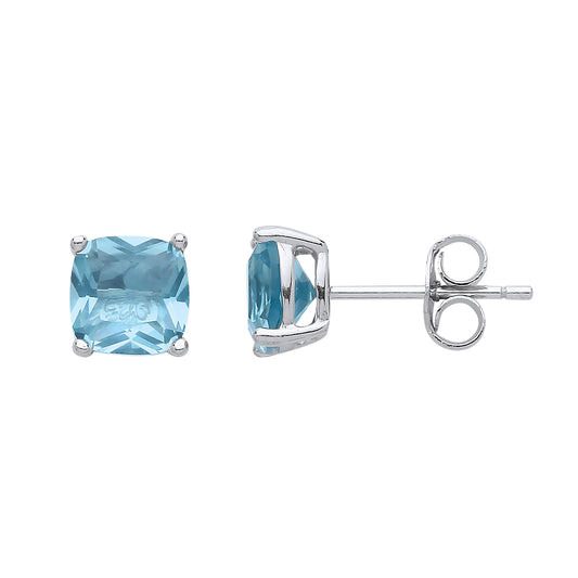 Silver  Aqua Cushion CZ Double Gallery Solitaire Stud Earrings - CU6AQ