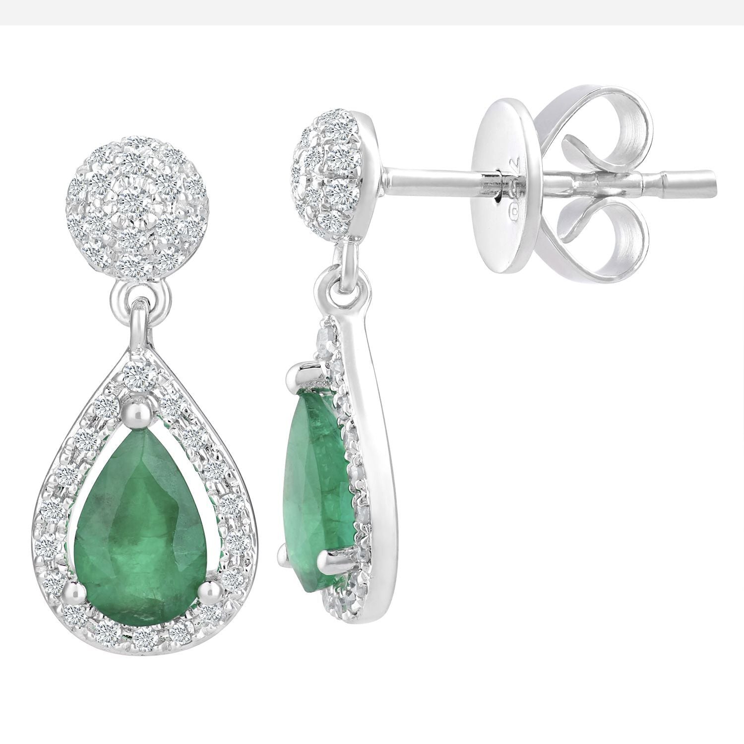 18ct White Gold  1/4ct Diamond Pear Emerald Teardrop Drop Earrings - DE1AXL412EM-18KW