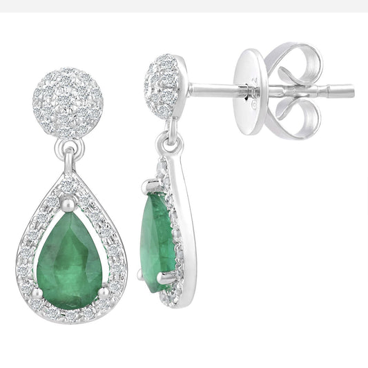 18ct White Gold  1/4ct Diamond Pear Emerald Teardrop Drop Earrings - DE1AXL412EM-18KW