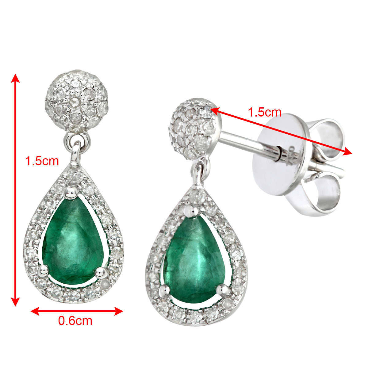 18ct White Gold  1/4ct Diamond Pear Emerald Teardrop Drop Earrings - DE1AXL412EM-18KW