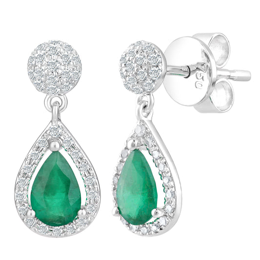 18ct White Gold  1/4ct Diamond Pear Emerald Teardrop Drop Earrings - DE1AXL412EM-18KW