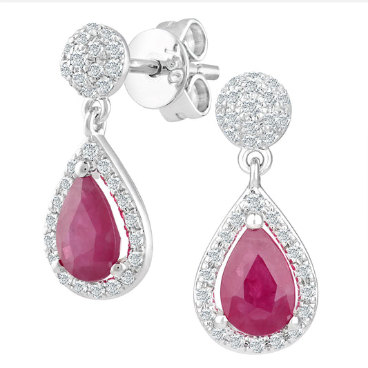 18ct White Gold  1/4ct Diamond Pear Ruby Teardrop Drop Earrings - DE1AXL412RU-18KW