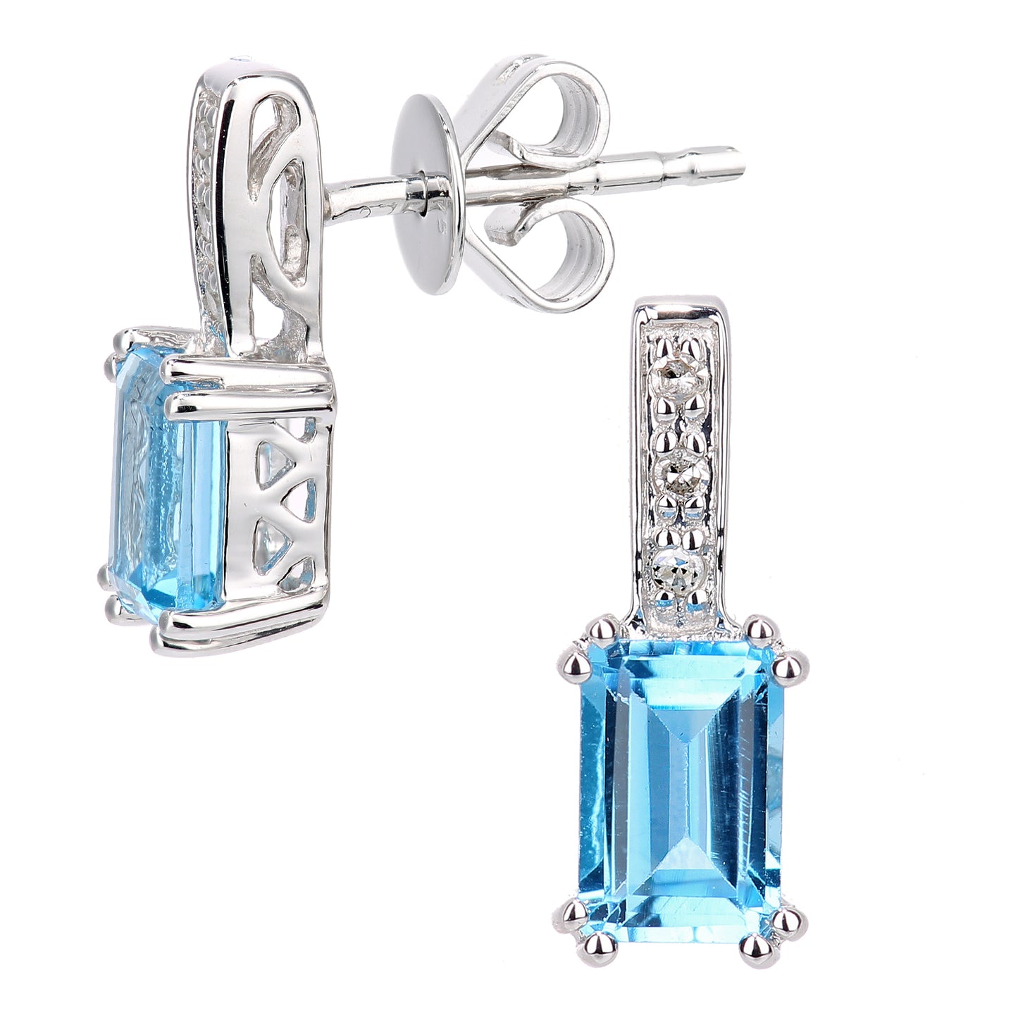 9ct White Gold  Diamond Octagon Blue Topaz Popsicle Drop Earrings - DE1AXL600WBT