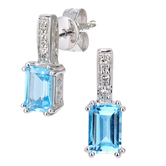 9ct White Gold  Diamond Octagon Blue Topaz Popsicle Drop Earrings - DE1AXL600WBT