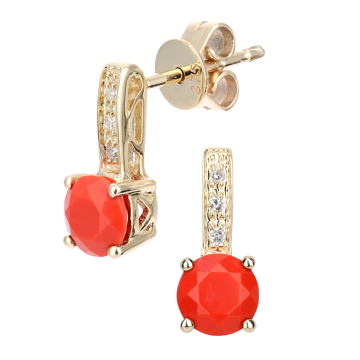 9ct Gold  3pts Diamond 3/4ct Coral Inverted Lollipop Drop Earrings - DE1AXL601YCRL