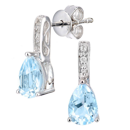 9ct White Gold  Diamond Pear 1ct Blue Topaz Teardrop Drop Earrings - DE1AXL602WBT