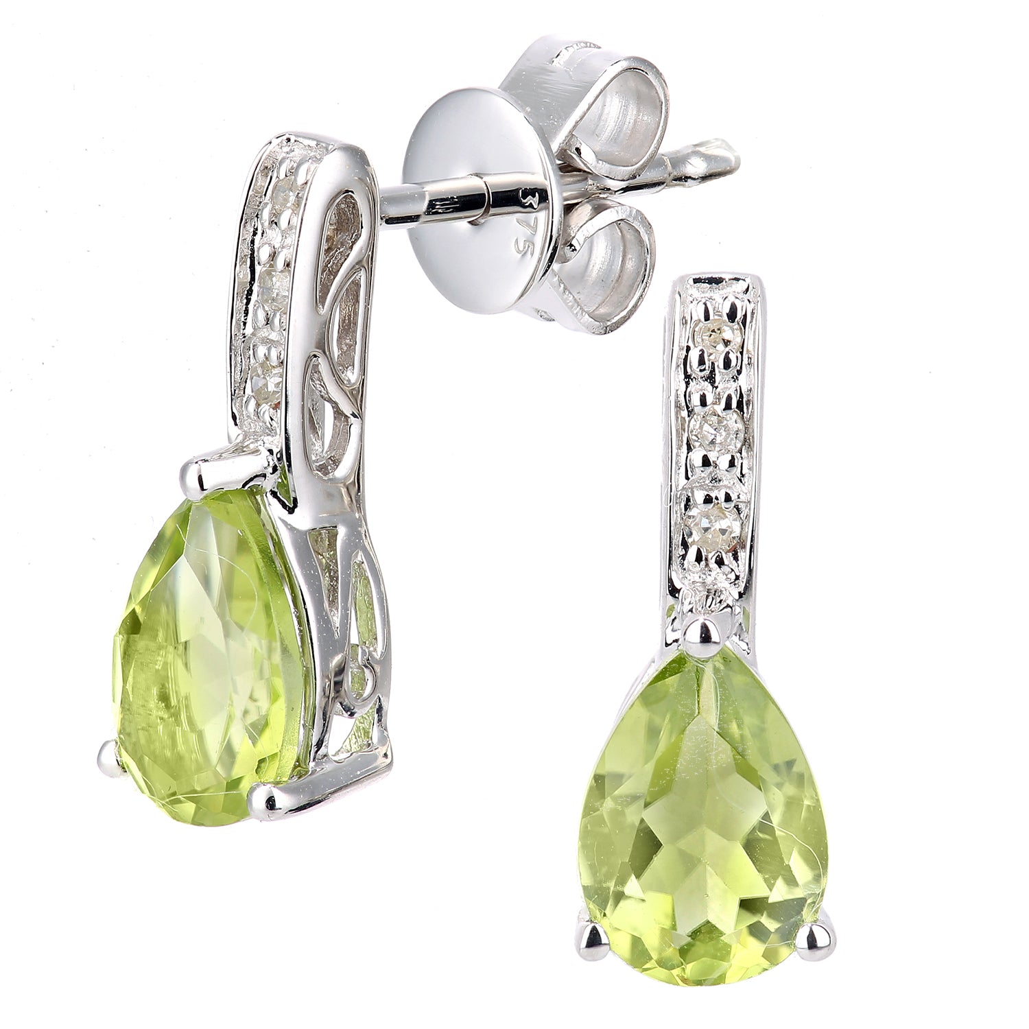 9ct White Gold  Diamond Pear 0.9ct Peridot Teardrop Drop Earrings - DE1AXL602WPD