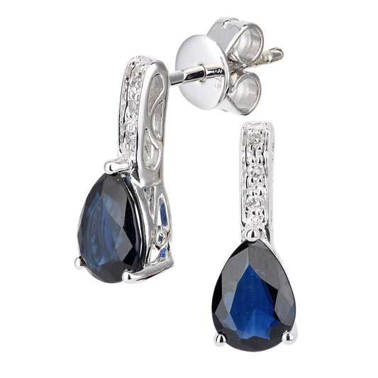9ct White Gold  Diamond Pear 1.7ct Sapphire Teardrop Drop Earrings - DE1AXL602WSA