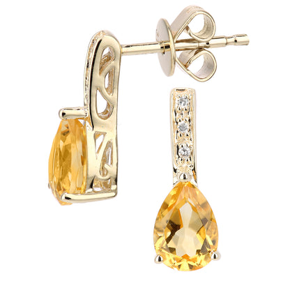 9ct Gold  3pts Diamond Pear 1.3ct Citrine Teardrop Drop Earrings - DE1AXL602YCT