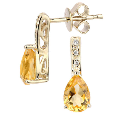9ct Gold  3pts Diamond Pear 1.3ct Citrine Teardrop Drop Earrings - DE1AXL602YCT
