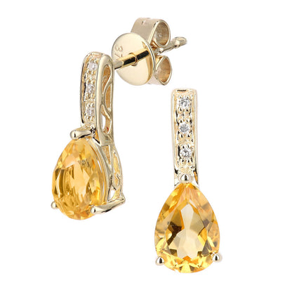 9ct Gold  3pts Diamond Pear 1.3ct Citrine Teardrop Drop Earrings - DE1AXL602YCT