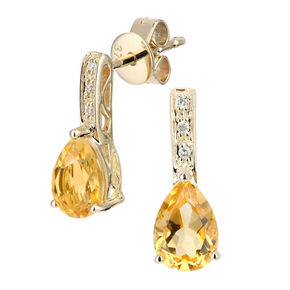 9ct Gold  3pts Diamond Pear 1.3ct Citrine Teardrop Drop Earrings - DE1AXL602YCT