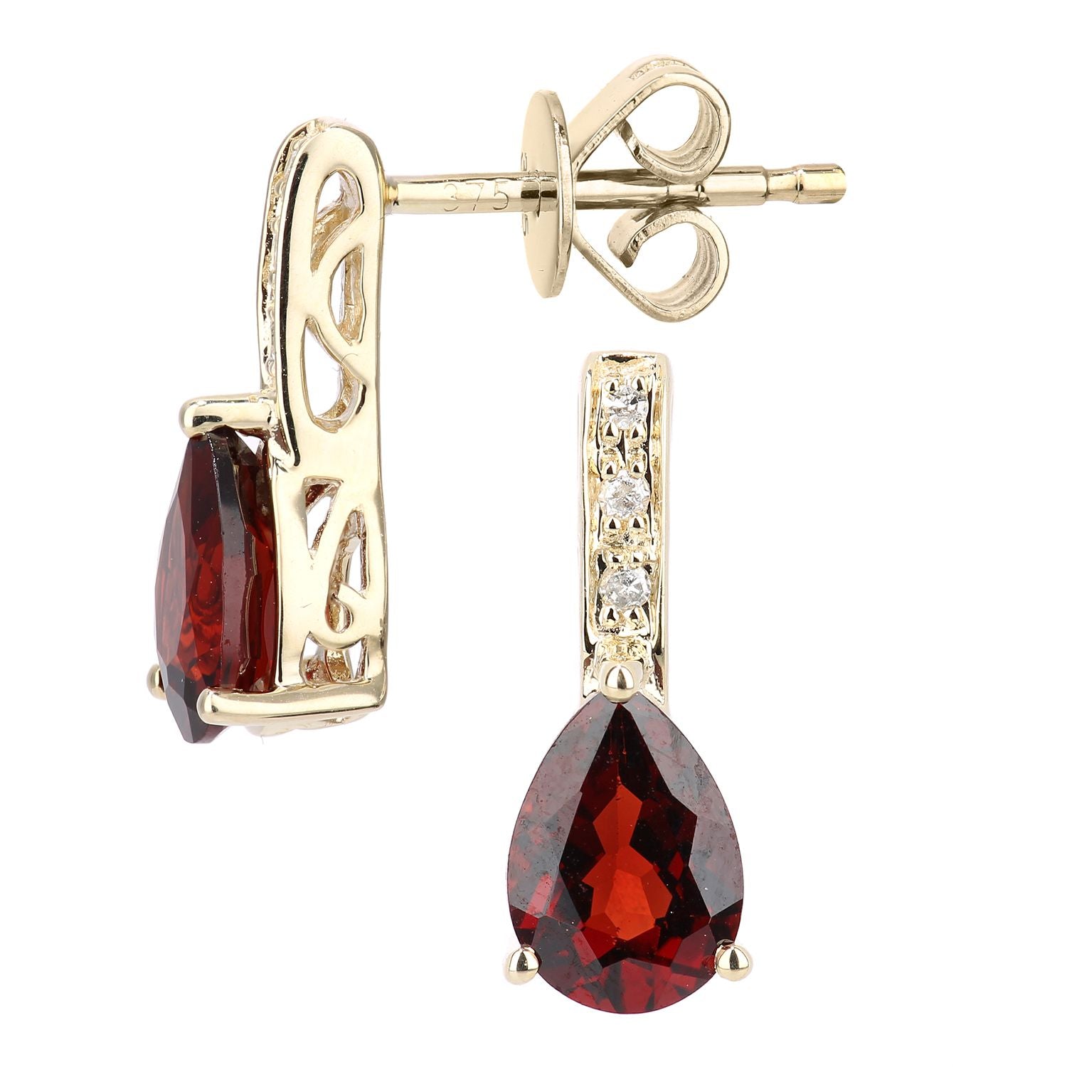 9ct Gold  3pts Diamond Pear 2ct Garnet Teardrop Drop Earrings - DE1AXL602YGT