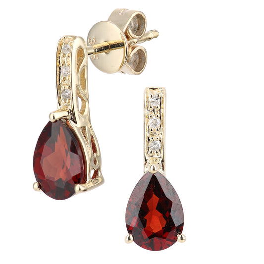 9ct Gold  3pts Diamond Pear 2ct Garnet Teardrop Drop Earrings - DE1AXL602YGT
