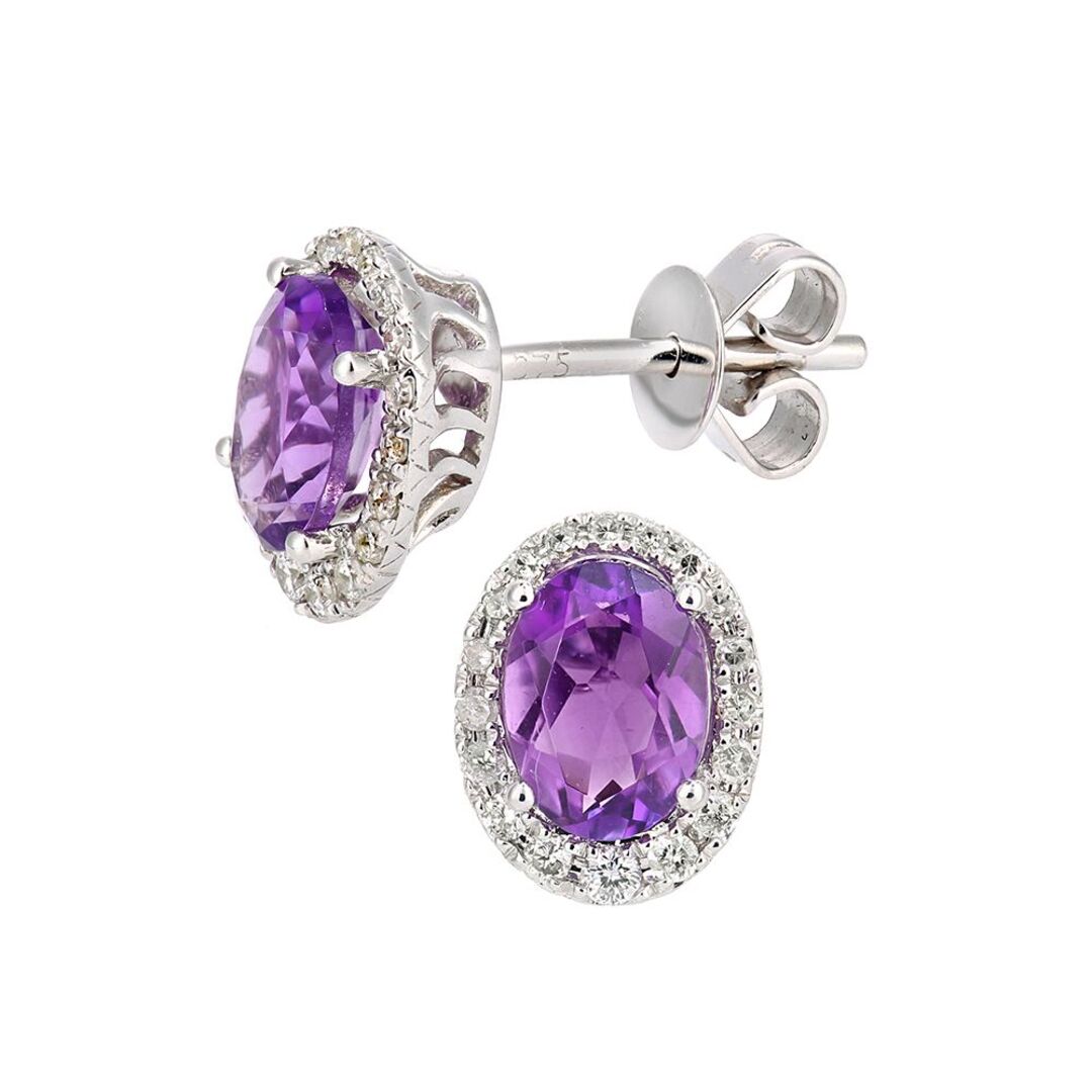 9ct White Gold  Diamond Oval 1.4ct Amethyst Cluster Drop Earrings - DE1AXL603WAM