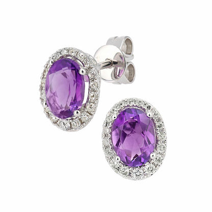 9ct White Gold  Diamond Oval 1.4ct Amethyst Cluster Drop Earrings - DE1AXL603WAM