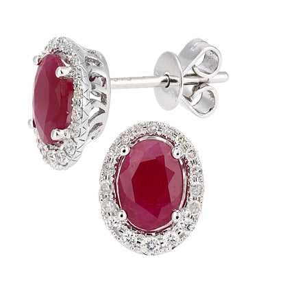 9ct White Gold  Diamond Oval 1.9ct Ruby Cluster Drop Earrings - DE1AXL603WRU
