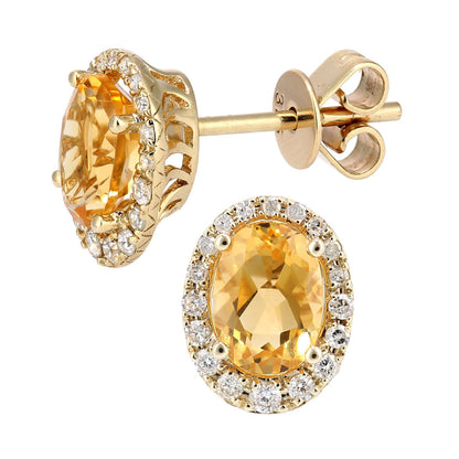 9ct Gold  20pts Diamond Oval 1.9ct Citrine Cluster Drop Earrings - DE1AXL603YCT