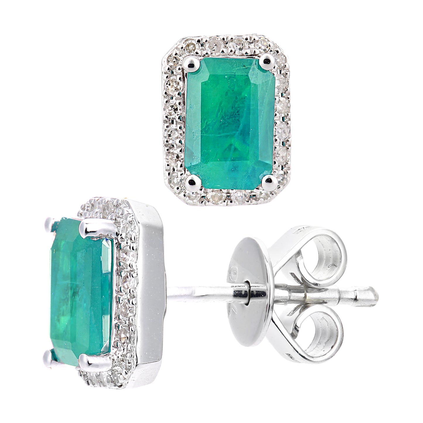 18ct White Gold  Diamond Octagon Emerald Cluster Stud Earrings - DE1AXL604W18EM