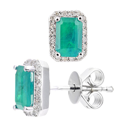 18ct White Gold  Diamond Octagon Emerald Cluster Stud Earrings - DE1AXL604W18EM