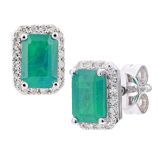 18ct White Gold  Diamond Octagon Emerald Cluster Stud Earrings - DE1AXL604W18EM
