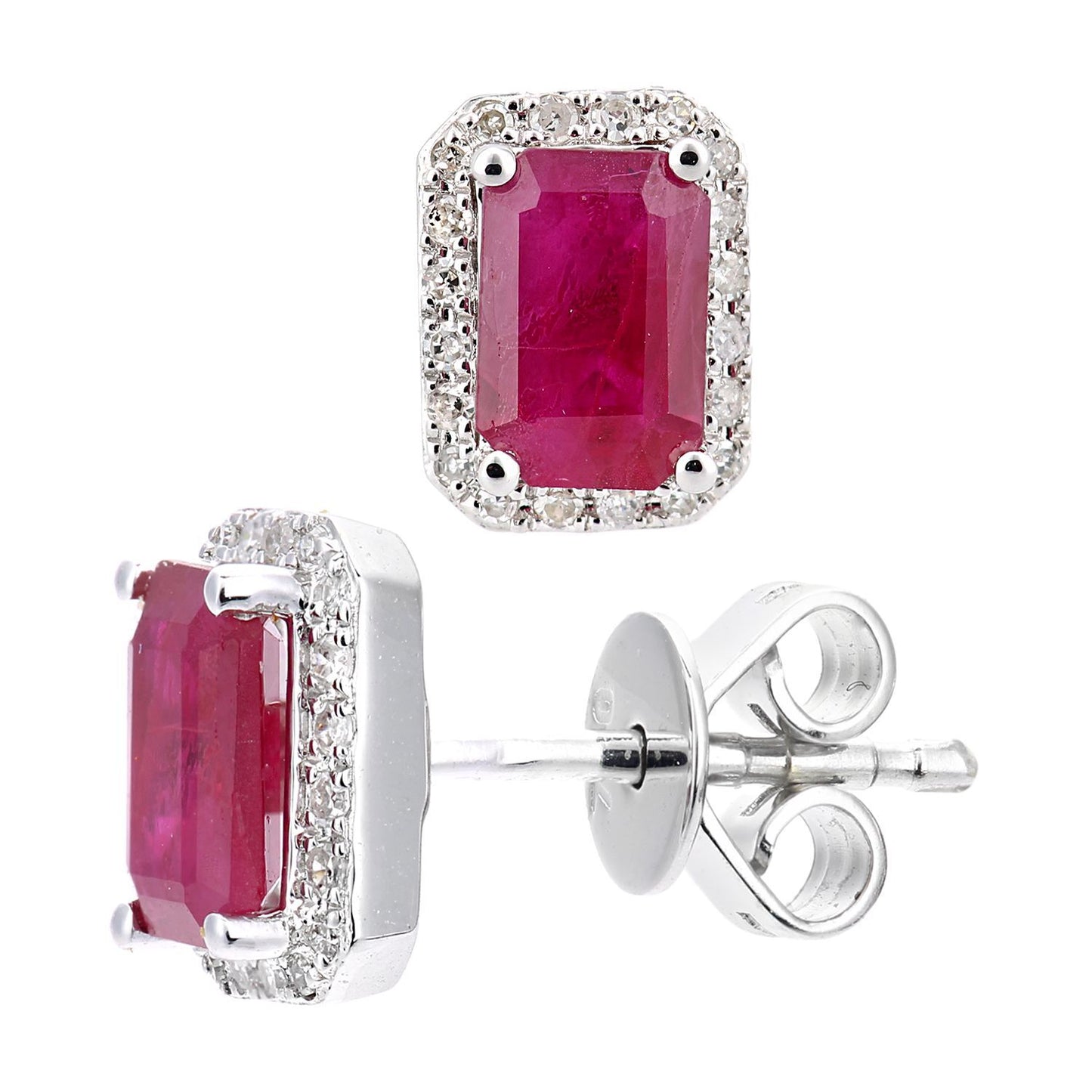 18ct White Gold  Diamond Octagon 1.5ct Ruby Cluster Stud Earrings - DE1AXL604W18RU