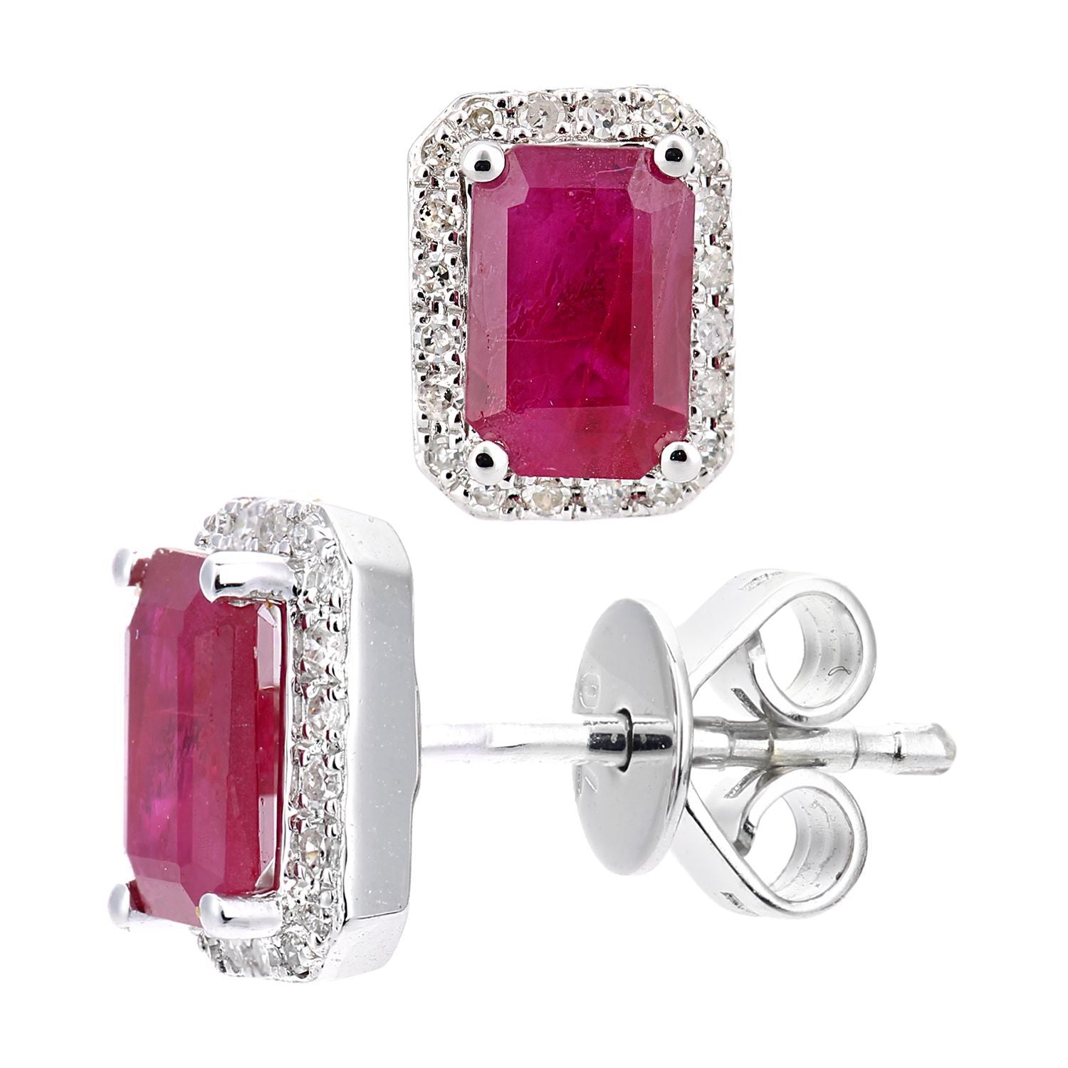 18ct White Gold  Diamond Octagon 1.5ct Ruby Cluster Stud Earrings - DE1AXL604W18RU