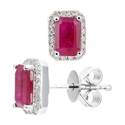 18ct White Gold  Diamond Octagon 1.5ct Ruby Cluster Stud Earrings - DE1AXL604W18RU
